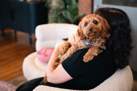 Nugget, office dog, learning from Liya